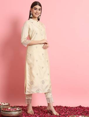 Silk blend beige casual wear embroidery work kurta set 2