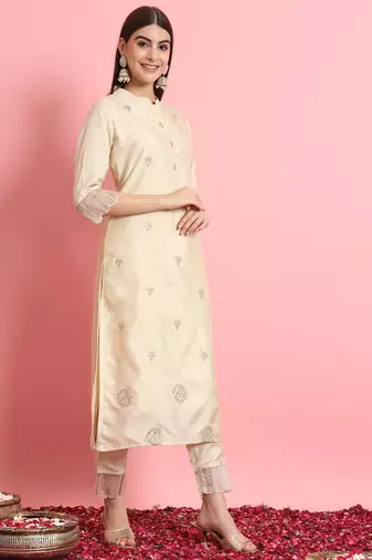 Silk blend beige casual wear embroidery work kurta set