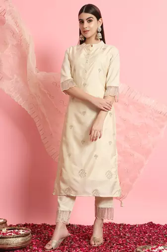 Silk blend beige casual wear embroidery work kurta set