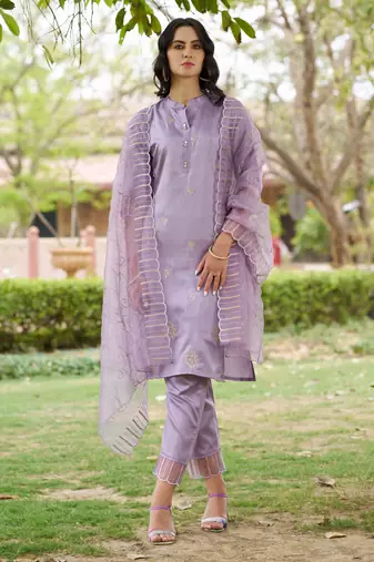 Silk blend lavender casual wear embroidery work kurta set