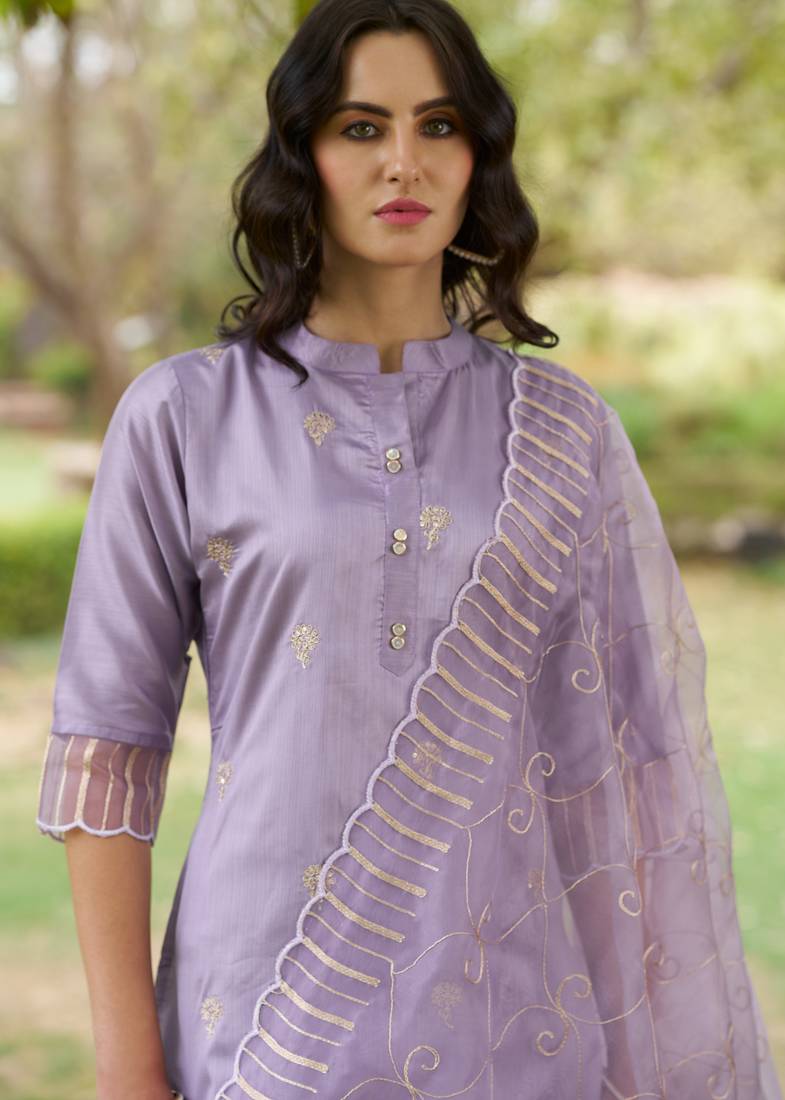 Silk blend lavender casual wear embroidery work kurta set