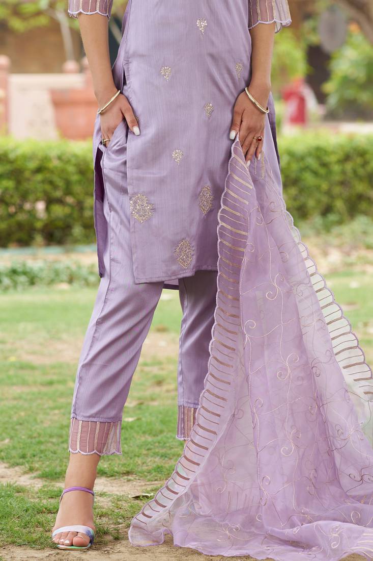 Silk blend lavender casual wear embroidery work kurta set