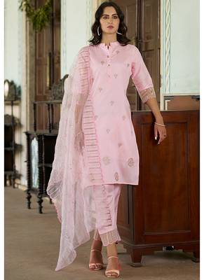 Silk blend pink casual wear embroidery work kurta set 1