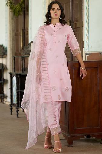 Silk blend pink casual wear embroidery work kurta set