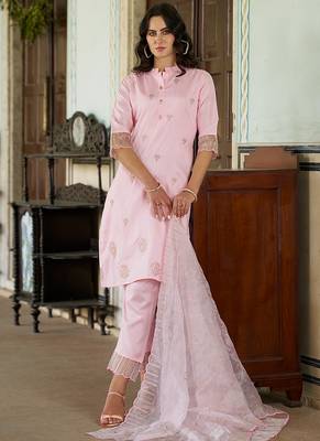 Silk blend pink casual wear embroidery work kurta set 2