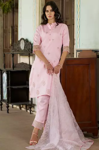 Silk blend pink casual wear embroidery work kurta set