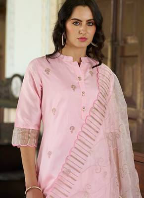 Silk blend pink casual wear embroidery work kurta set 3