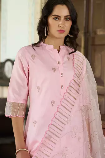 Silk blend pink casual wear embroidery work kurta set