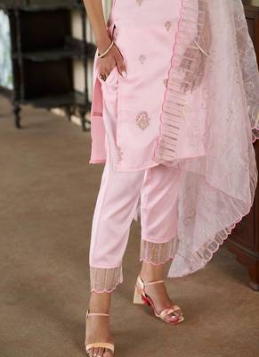 Silk blend pink casual wear embroidery work kurta set 4