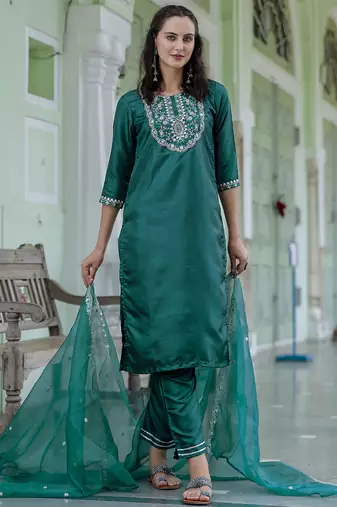 Silk blend green casual wear embroidery work kurta set