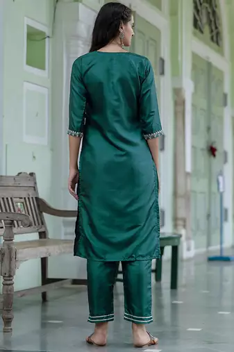 Silk blend green casual wear embroidery work kurta set