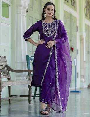 Silk blend violet casual wear embroidery work kurta set 1