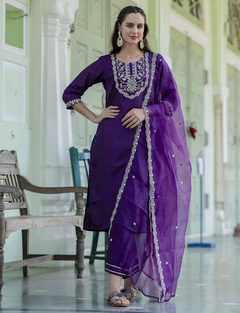 Silk blend violet casual wear embroidery work kurta set