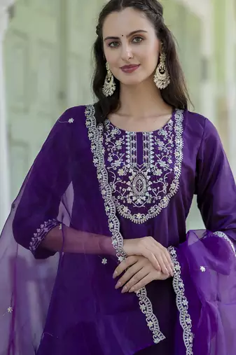 Silk blend violet casual wear embroidery work kurta set