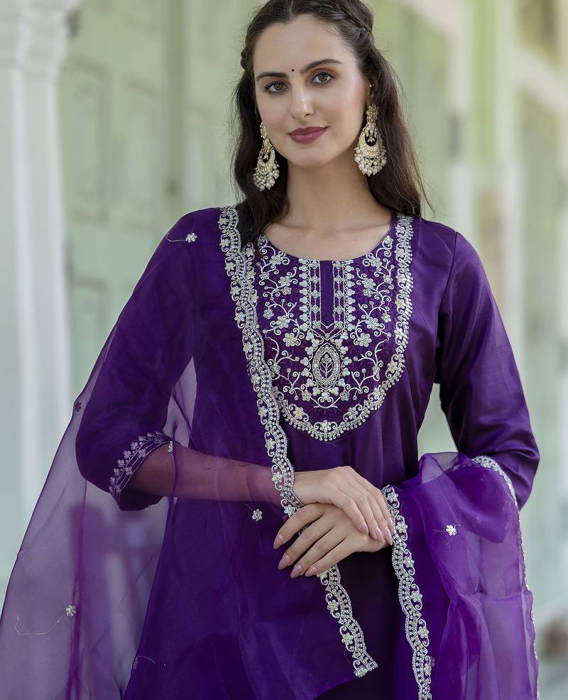 Silk blend violet casual wear embroidery work kurta set