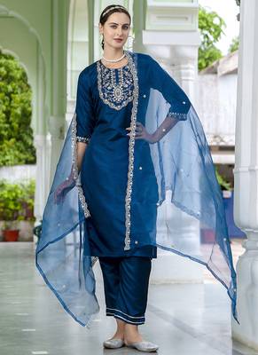 Silk blend navy blue casual wear embroidery work kurta set 1