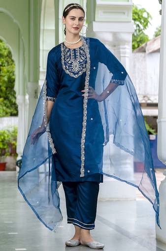 Silk blend navy blue casual wear embroidery work kurta set
