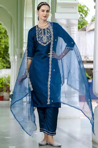 Silk blend navy blue casual wear embroidery work kurta set