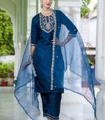 Silk blend navy blue casual wear embroidery work kurta set