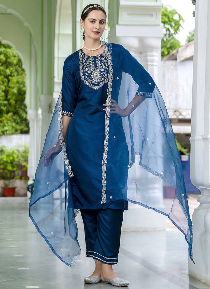 Silk blend navy blue casual wear embroidery work kurta set