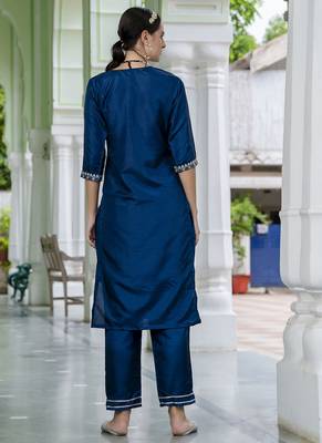 Silk blend navy blue casual wear embroidery work kurta set 2