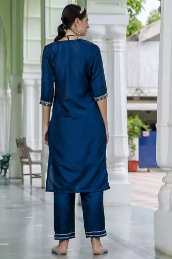 Silk blend navy blue casual wear embroidery work kurta set