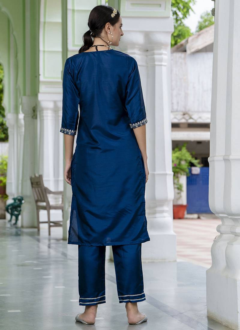 Silk blend navy blue casual wear embroidery work kurta set