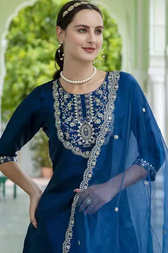 Silk blend navy blue casual wear embroidery work kurta set
