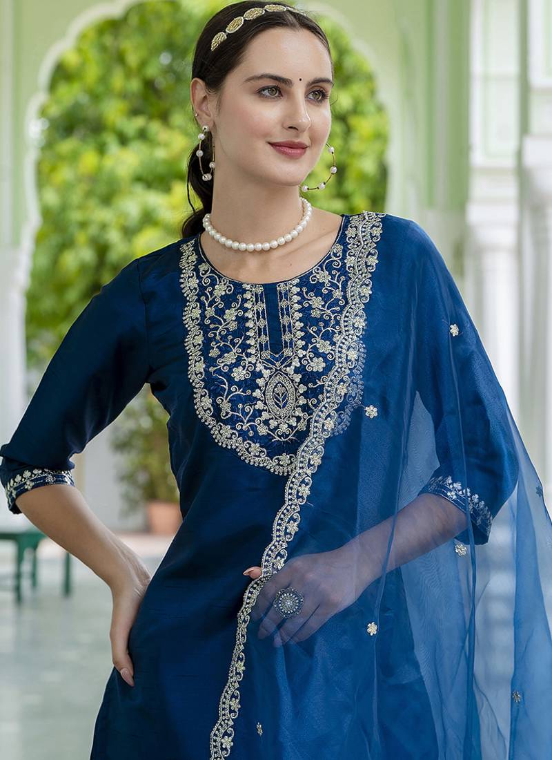 Silk blend navy blue casual wear embroidery work kurta set
