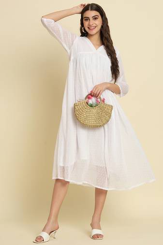 Chiffon white casual wear schiffli work readymade midi dress