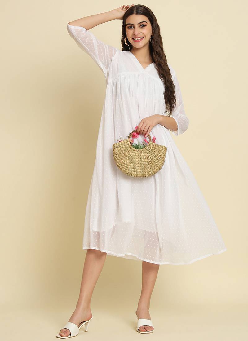 Chiffon white casual wear schiffli work readymade midi dress