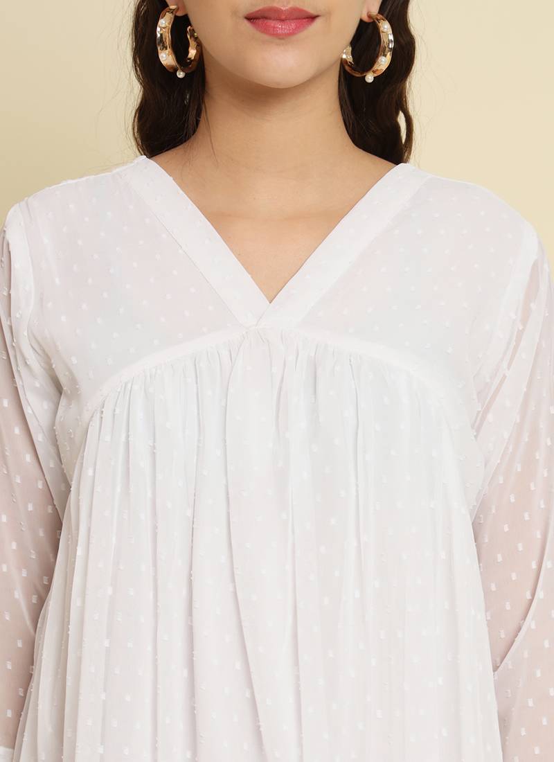 Chiffon white casual wear schiffli work readymade midi dress