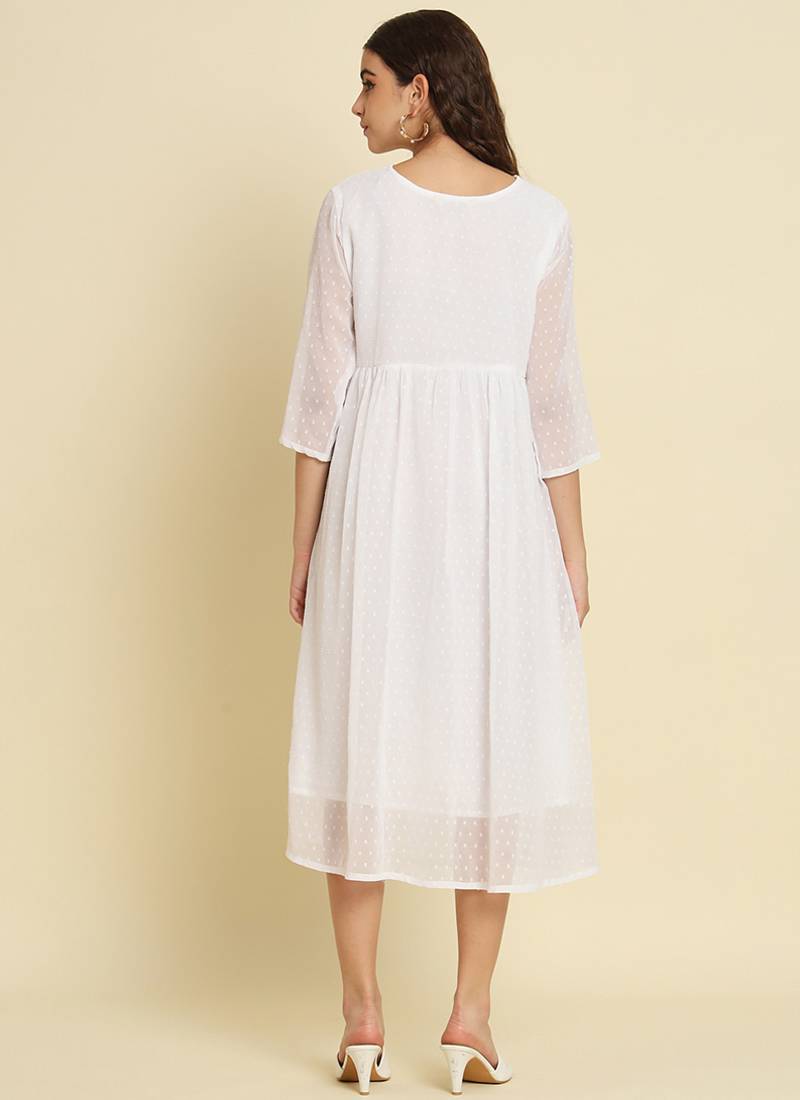 Chiffon white casual wear schiffli work readymade midi dress