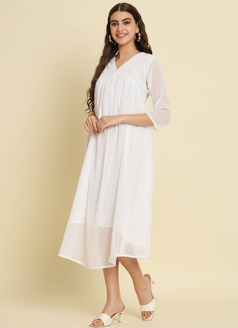 Chiffon white casual wear schiffli work readymade midi dress