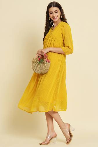 Chiffon yellow casual wear schiffli work readymade midi dress