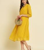 Chiffon yellow casual wear schiffli work readymade midi dress