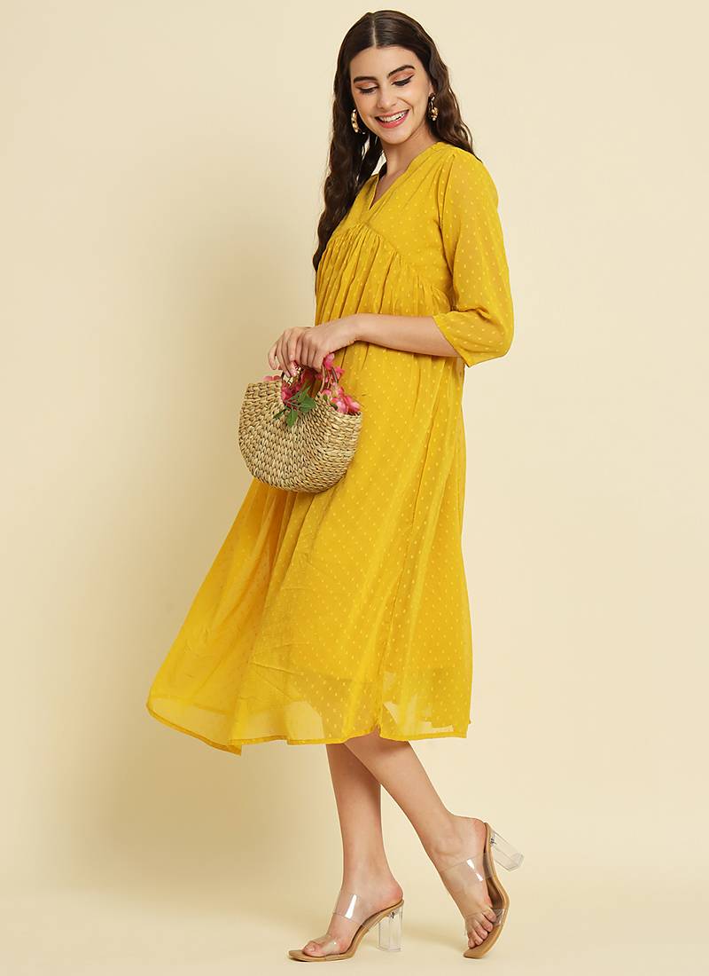Chiffon yellow casual wear schiffli work readymade midi dress