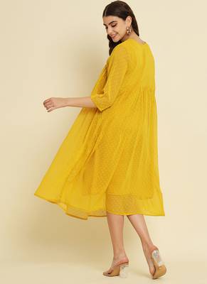 Chiffon yellow casual wear schiffli work readymade midi dress 2