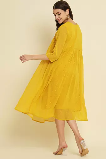 Chiffon yellow casual wear schiffli work readymade midi dress