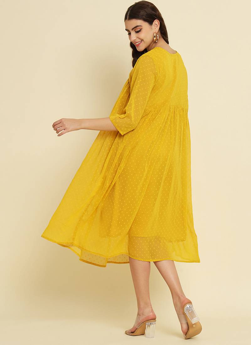 Chiffon yellow casual wear schiffli work readymade midi dress