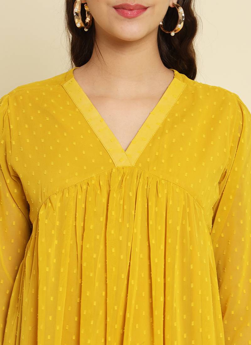 Chiffon yellow casual wear schiffli work readymade midi dress