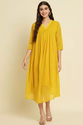 Chiffon yellow casual wear schiffli work readymade midi dress