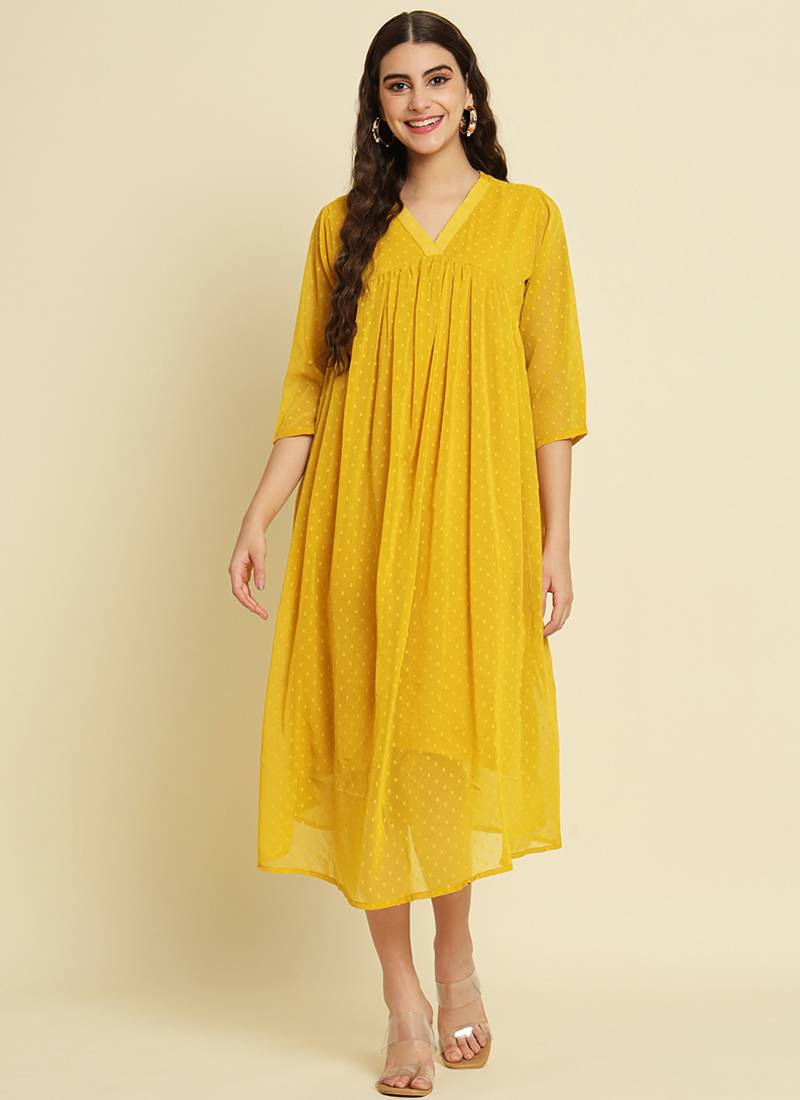 Chiffon yellow casual wear schiffli work readymade midi dress