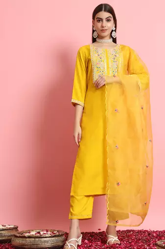 Silk blend yellow casual wear embroidery work kurta set