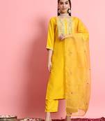 Silk blend yellow casual wear embroidery work kurta set