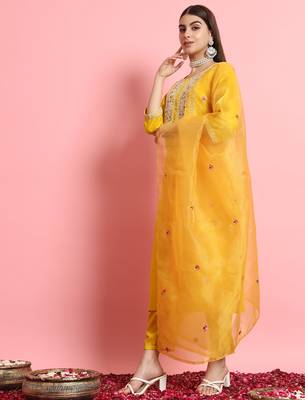 Silk blend yellow casual wear embroidery work kurta set 2