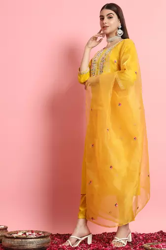 Silk blend yellow casual wear embroidery work kurta set