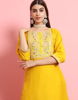 Silk blend yellow casual wear embroidery work kurta set 3