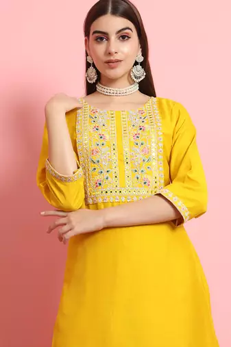 Silk blend yellow casual wear embroidery work kurta set