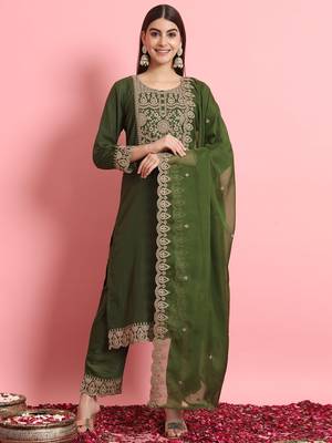Silk blend mehendi casual wear embroidery work kurta set 1